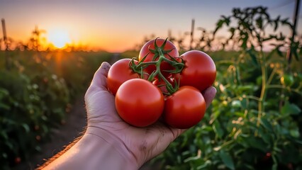 Fresh ripe red tomatoes held in hand at sunset in organic garden field. Harvest time concept for healthy eating and sustainable agriculture.