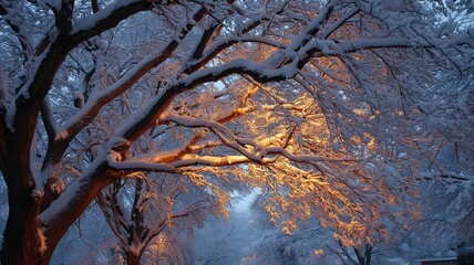 Snow laden tree branches in evening glow