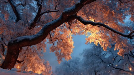 Snow laden tree branches in evening glow