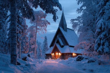 Snow laden wooden church with candlelight glow