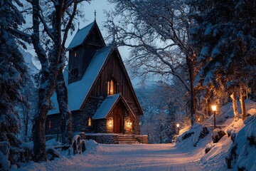 Snow laden wooden church with candlelight glow