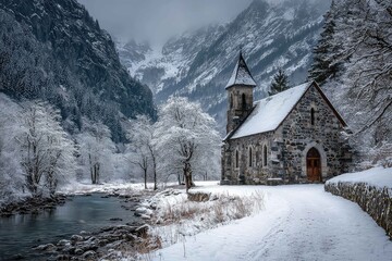 Snowy chapel in remote mountain valley