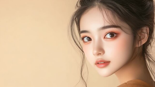 Young woman with flawless complexion and striking eye makeup. Chic fashion model in a modern portrait.