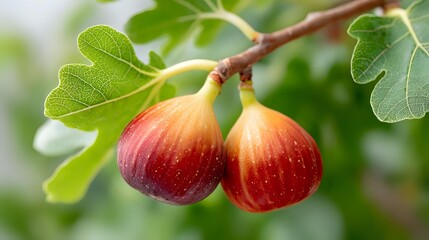 Fresh ripe figs hanging on tree branch with green leaves in natural garden setting. Organic fruit harvest concept for healthy eating and agriculture.
