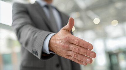 Businessman in a gray suit extending hand for a handshake gesture in a bright modern office environment symbolizing partnership and agreement