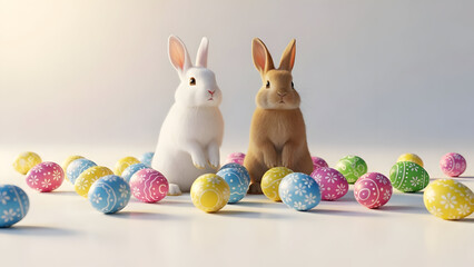 Easter bunnies with colorful eggs vector illustration, flat design holiday theme