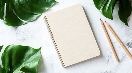 A spiral notebook and two pencils on a white surface surrounded by green leaves
