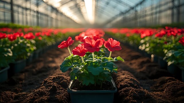 Red geranium flowers growing in modern greenhouse with rows of potted plants. Commercial horticulture and floriculture industry concept for gardening businesses.