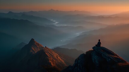 Silhouette of hiker sitting on mountain peak at sunrise with layered mountain ranges and golden orange sky creating peaceful meditation moment.