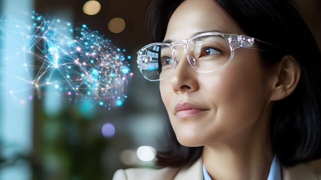 Asian businesswoman wearing glasses analyzing digital data visualization with glowing network connections and bokeh lights in modern office environment. - Powered by Adobe