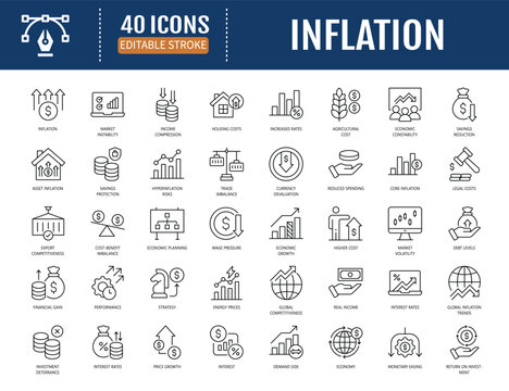 Inflation icon set. Includes prices, wages, economy impact, market, surge, demand, supply chain, spending, expense, budget, taxes, income and more. Vector illustration with editable strokes