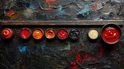 Bold and vibrant sauces arranged artistically on a textured surface