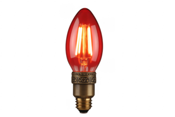 Red light bulb with glowing filament and brass base isolated on a transparent background
