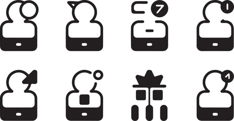 A collection of eight simple minimalist black icons depicting various stylized human heads with different symbolic objects above them