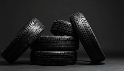 Stack of black rubber tires arranged artistically against a dark background with dramatic lighting and visible tread.