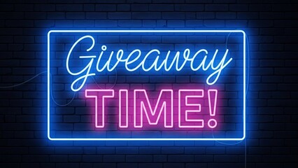 Vibrant neon sign announcing giveaway on brick wall background