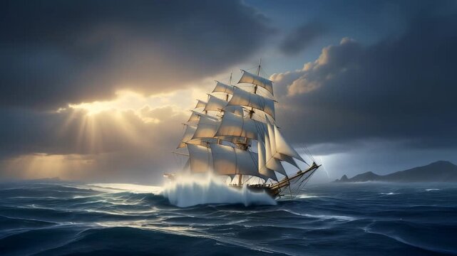 Tall ship sailing on rough sea with sun rays breaking through dramatic clouds. Old sailing boat on ocean wave concept.