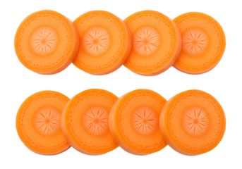 Carrot slices arranged in rows showing detailed cross sections isolated on transparent background for healthy food design