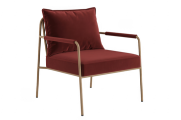 Red upholstered chair with metal frame furniture interior isolated on a transparent background