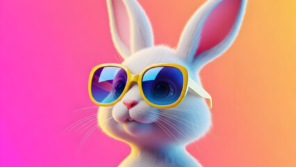 Cute white rabbit wearing yellow sunglasses in neon gradient background vector illustration