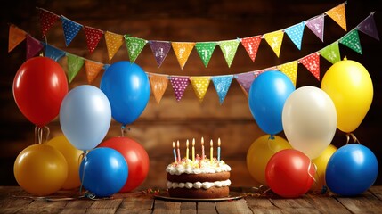 Birthday Party Decorations with Balloons, Bunting, and Cake on Wooden Background