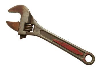 Rusty old adjustable wrench with red handle isolated on a transparent background