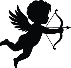 Fototapeta premium Cupid silhouette with bow and arrow in flight, symbolizing love, romance, Valentine’s Day, and emotional connection in classic style