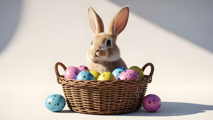 Easter bunny holding basket of colorful eggs vector illustration flat design