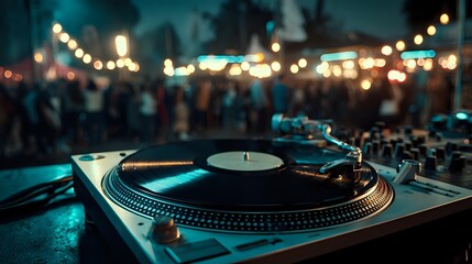Professional DJ turntable setup at night event with vinyl record spinning and colorful bokeh lights creating atmospheric party ambiance for music entertainment.