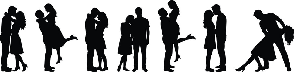 Romantic couple silhouette set featuring love, dance, kiss, and embrace poses for relationship, passion, and emotional connection themes