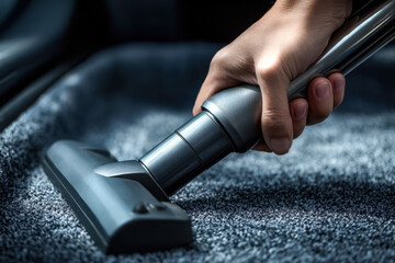 Person using a handheld vacuum cleaner to clean a carpeted floor