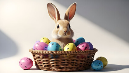 Easter bunny with colorful eggs in basket vector illustration flat design