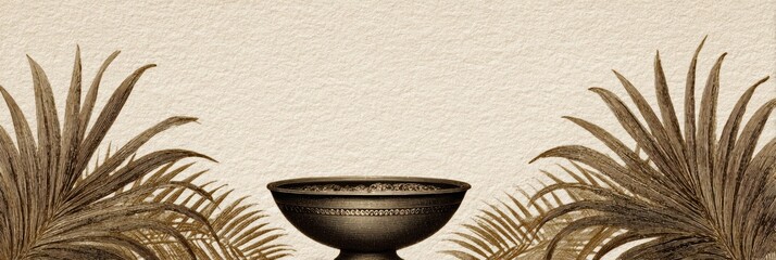 vintage sacred illustration, a sepia-toned vintage illustration of dry palm branches and an ancient bowl of ashes creates a classical, sacred web header