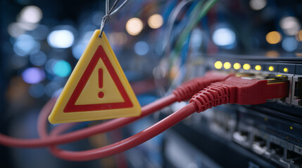 Close-up macro shot of a red network cable plugged into a router, a yellow warning sign hanging from the connector, glowing status LEDs show error signals, blurred background of ta