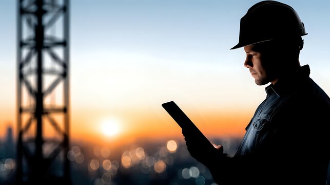 Industrial worker in hard hat using tablet at construction site during golden hour sunset with communication tower silhouette in background for project management.