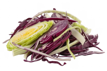 Sliced red and green cabbage on a pile red cabbage isolated on a transparent background