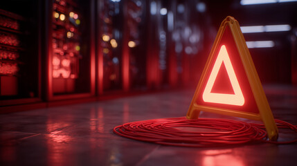 A red network cable coiled on the floor beneath a server rack, warning sign leaning against it, cables cast long shadows under low lighting, emergency red light glow suggests syste