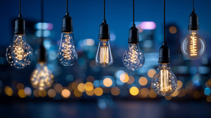 Cluster of retro decorative lightbulbs hanging together, each with uniquely shaped glowing filaments, warm light gradients and overlapping bokeh, cinematic depth and atmospheric mo
