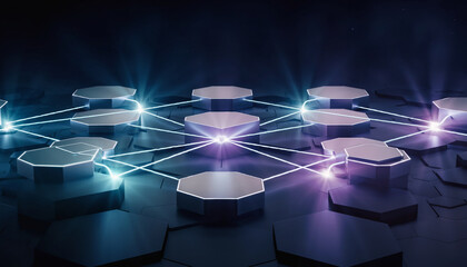 Network of Interconnected Hexagonal Platforms with Glowing Light Beams abstract connection