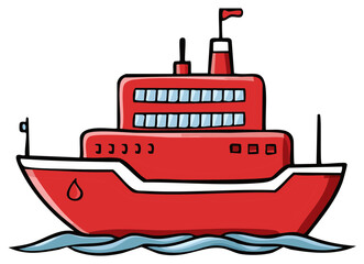 Obraz premium Cartoon red ship sailing on waves, isolated vector illustration, flat style.