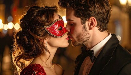 Couple in Masquerade Masks Kissing at a Formal Event.