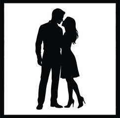 Romantic couple silhouette standing face-to-face inside square frame, symbolizing love, intimacy, emotional connection, and relationship unity