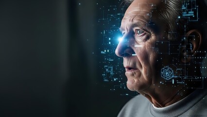 Senior Caucasian man with digital technology overlay and glowing blue light effects representing artificial intelligence and futuristic concepts.