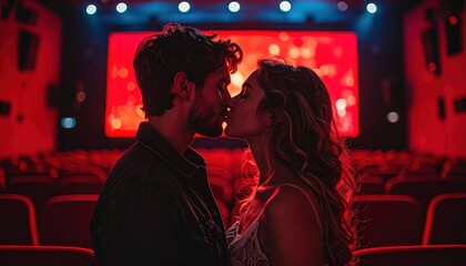 Couples Romantic Kiss in a Red-Lit Cinema.
