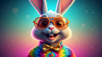 Happy Cartoon Bunny with Sunglasses and Tie in Cosmic Party Vector Illustration