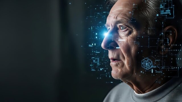 Senior Caucasian man with digital technology overlay and glowing blue light effects representing artificial intelligence and futuristic concepts. - Powered by Adobe