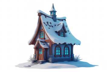 Snowy house with blue windows and brown door isolated on a transparent background