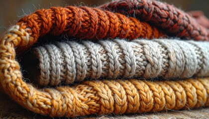 Cozy Stack of Knitted Scarves in Warm Earthy Tones.