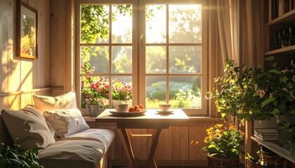 Cozy sunlit interior with window, table, and plants, creating a warm atmosphere.