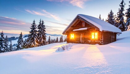 Cozy Wooden Cabin in Snowy Mountain Landscape at Dusk.